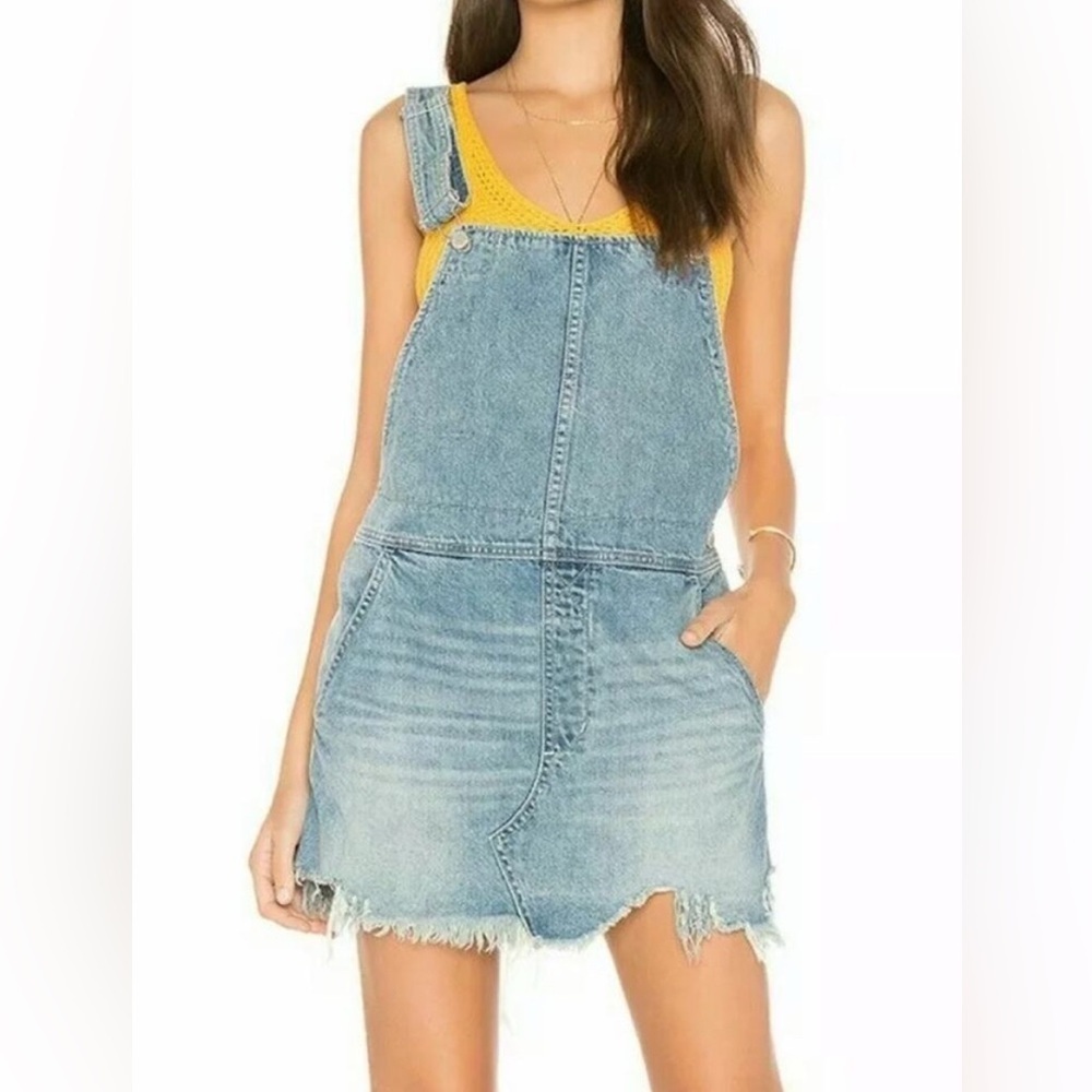 Free People Denim Raw Hem Mini Overall Skirt Size 4 - Picture 1 of 15